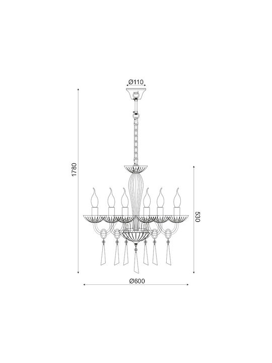 Aca Violet Chandelier 6xE14 Ø60cm with Candlesticks Transparent BLK80286PCC