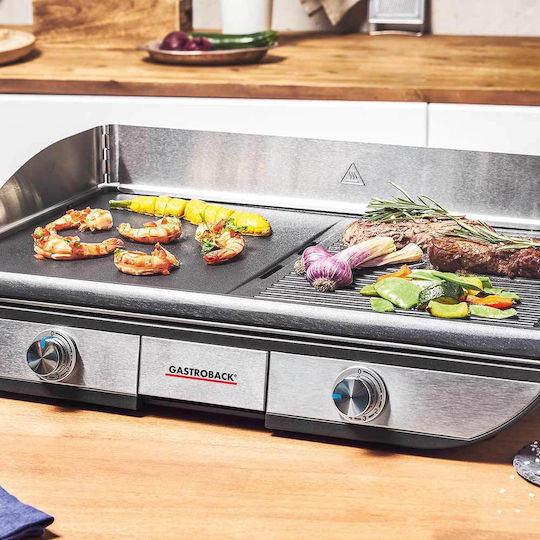 Gastroback Tischplatte Elektrogrill Glatte und Geriffelte Platte 2300W mit einstellbarem Thermostat