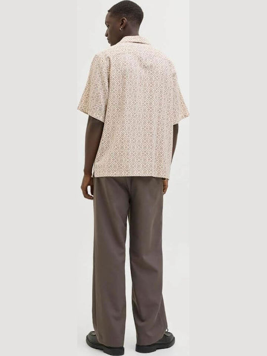 Short-sleeved Cotton Shirt in Wide Line Oatmeal