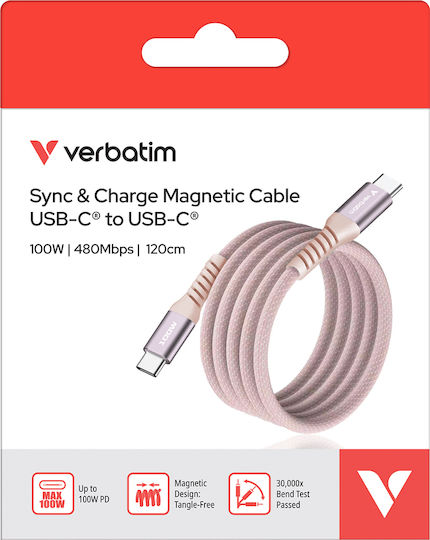 Verbatim Magnetic / Braided / Spiral USB 2.0 Cable USB-C male - USB-C 100W PD Ροζ 1.2m 31857