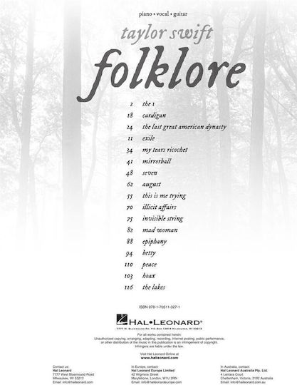 Hal Leonard Taylor Swift - Folklore Παρτιτούρα για Πιάνο