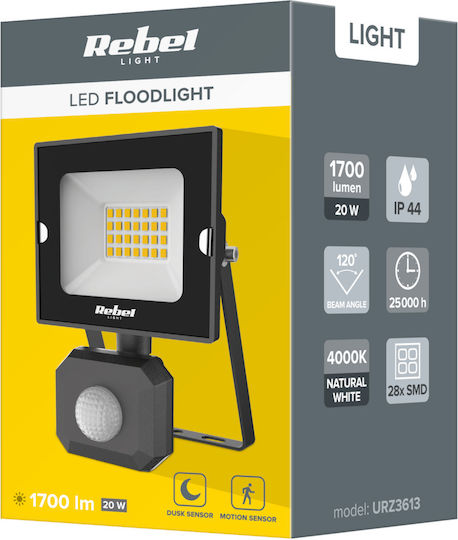 Rebel Waterproof LED Floodlight 20W Natural White 4000K with Motion Sensor IP44