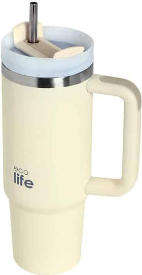 Lifegreen Ανακυκλώσιμο Handled Tumbler Θερμός Ανοξείδωτο / Πλαστικό BPA Free 900ml Cream με Καλαμάκι και Λαβή