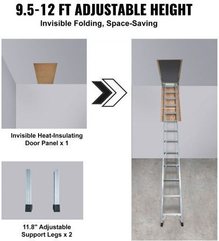 Attic Ladder 12 Steps Aluminum Wood Max 160 Kg Hydraulic Damping Arm