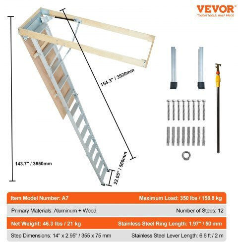 Attic Ladder 12 Steps Aluminum Wood Max 160 Kg Hydraulic Damping Arm