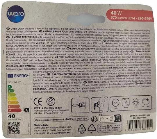 Wpro CL T29 Ofenlampe 40W für Fassung E14
