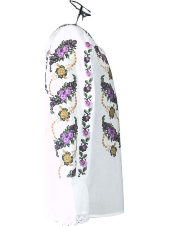 Bluza Damă Bumbac Mânecă Lungă Floral Alb Violet