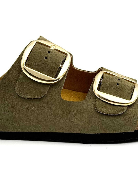 Afelpado Leather Women's Flat Sandals Anatomic in Khaki Color