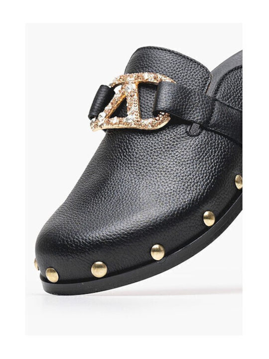 Flach Leder Mules in Schwarz Farbe