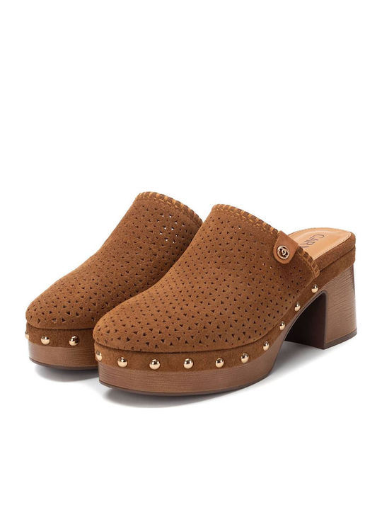 Suede Mules with Chunky High Heel in Brown Color
