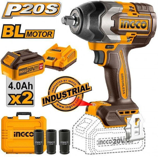 Ingco Brushless Impact Wrench Battery 20V 2x4Ah with Socket 1/2"