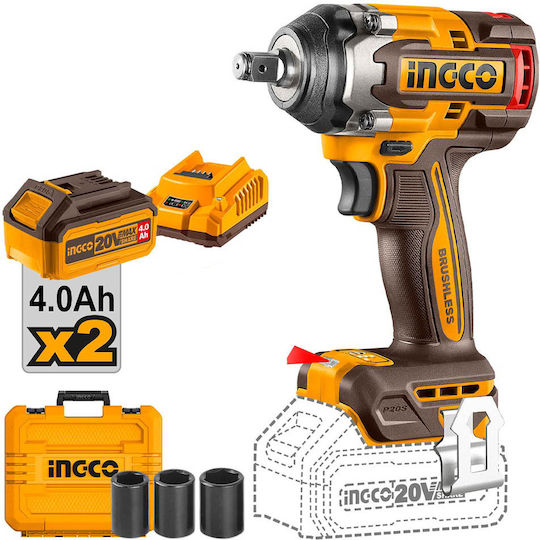 Ingco Brushless Impact Wrench Battery 20V 2x4Ah with Socket 1/2"