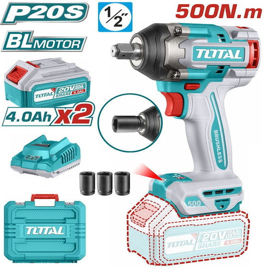 Total Brushless Impact Wrench Battery 20V 2x4Ah with Socket 1/2"