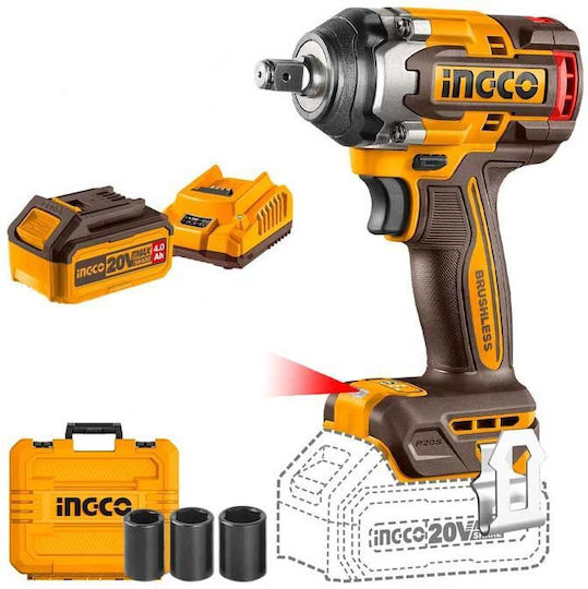 Ingco Brushless Impact Wrench Battery 20V 2x4Ah with Socket 1/2"