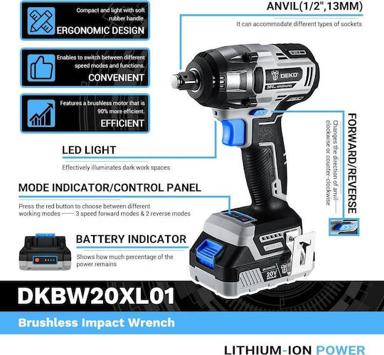 Deko DKBW20XL01-S3 Brushless Impact Wrench Battery 20V 2x2Ah with Socket 1/2"