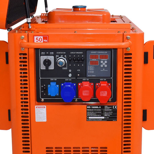 Kraft WS15000L-3 Τριφασική Αθόρυβη Γεννήτρια Πετρελαίου Τετράχρονη με Ηλεκτρική - Αυτόματη Μίζα, Ρόδες και Μέγιστη Ισχύ 12.5kVA