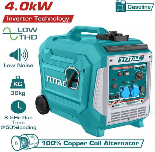 Total Αθόρυβη Γεννήτρια Βαλιτσάκι Inverter Βενζίνης Τετράχρονη με Χειροκίνητη Μίζα, Ρόδες και Μέγιστη Ισχύ 5kVA