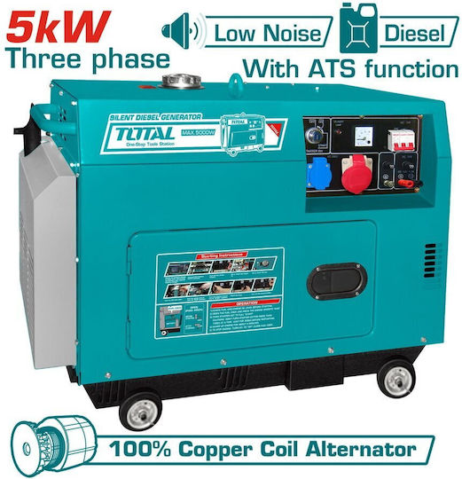 Total Trifazică Generatoare silențioase Generator Petrol cu Autostart, Roți și Putere Maximă 5kVA