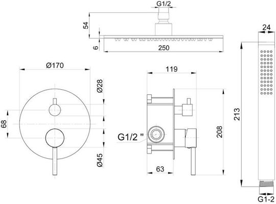 Interflex Σετ Μίκτης, Στόμιο, Τηλέφωνο & Κεφαλή Ντουζ Εντοιχισμού για Ντουζιέρα Ασημί