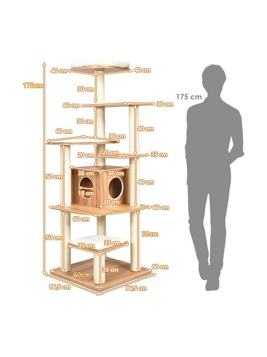 Costway Stâlp pentru zgâriat pisici Copaci pentru pisici Bej 6 niveluri 38x38x175cm