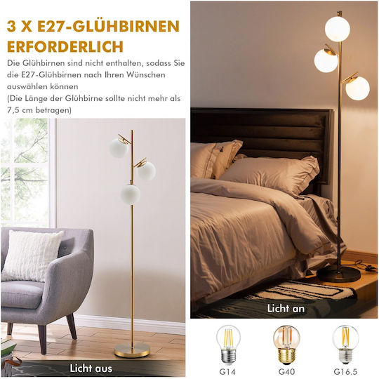 Costway Floor Lamp H169xW28cm. with Socket for Bulb E27 Gold