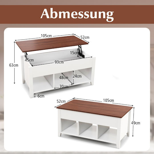 Rechteckiges Zentral-Kaffeetisch aus Massivholz mit Hebemechanismus Braun M104.5xL49xH48cm