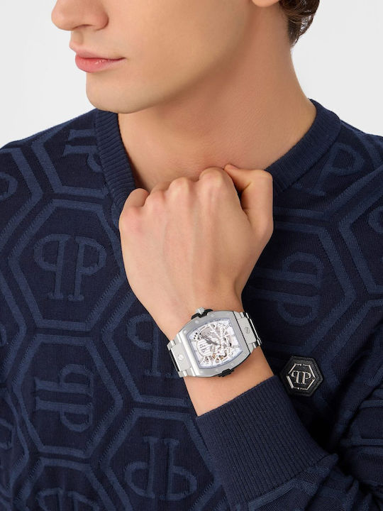 Philipp Plein Skeleton Men's Watch Automatic with Silver Metal Bracelet