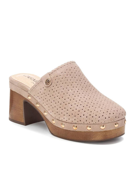 Suede Mules με Χοντρό Ψηλό Τακούνι σε Μπεζ Χρώμα