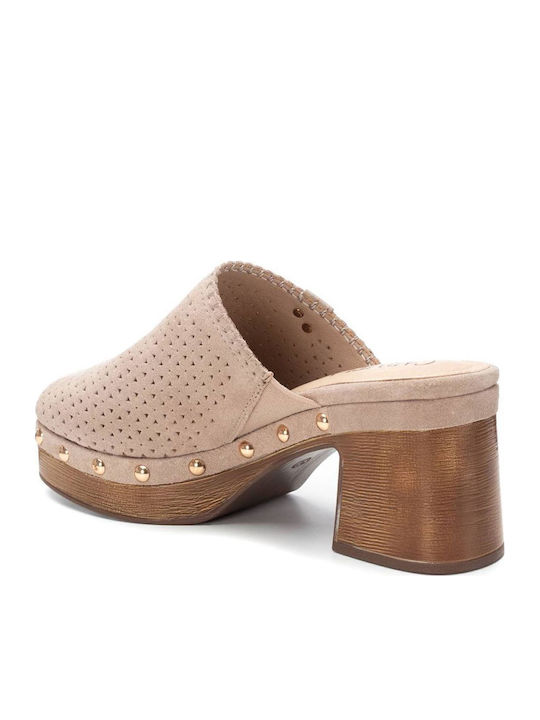 Suede Mules με Χοντρό Ψηλό Τακούνι σε Μπεζ Χρώμα