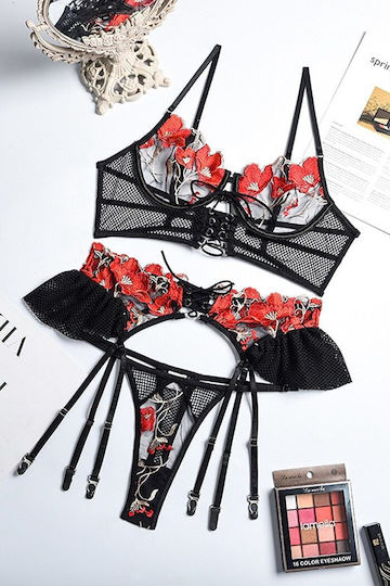Set 3 Pieces Sexy Intimate Erotic Lingerie Made Thick Solid Lace Flowers Push-up Bra S