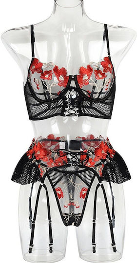 Set 3 Pieces Sexy Intimate Erotic Lingerie Made Thick Solid Lace Flowers Push-up Bra S