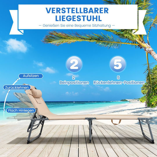 Costway Beach Sunbed Beige Foldable Metallic Length 154cm
