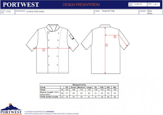 Portwest Chef Jacket Male Black with Short Sleeve Cumbria