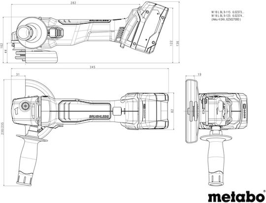 Metabo W 18 L BL 9-125 Grinder 125mm Battery Brushless 18V Solo