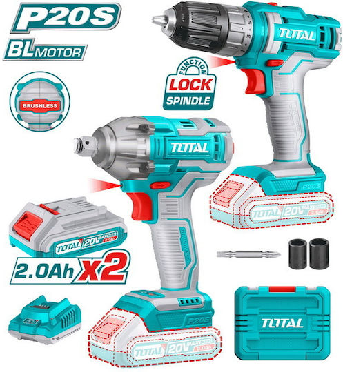 Total TOSLI230702 Set Mașină de găurit & Șurubelniță cu impact Brushless 20V cu 2 baterii 2Ah și husă