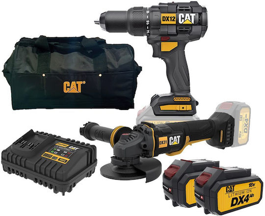 CAT COMBO-08 Σετ Γωνιακός Τροχός & Κρουστικό Δραπανοκατσάβιδο 18V με 2 Μπαταρίες 4Ah και Θήκη