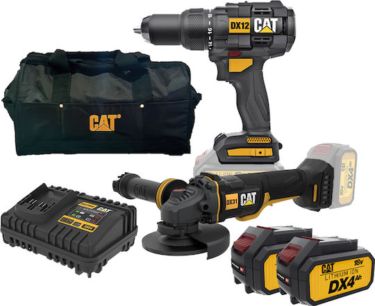 CAT COMBO-08 Σετ Γωνιακός Τροχός & Κρουστικό Δραπανοκατσάβιδο 18V με 2 Μπαταρίες 4Ah και Θήκη