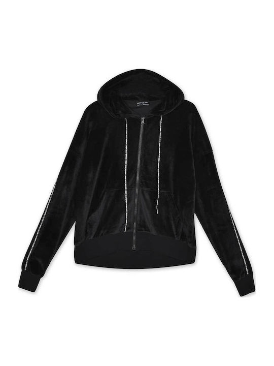 Velour Γυναικεία Ζακέτα Φούτερ Βελουτέ με Κουκούλα Μαύρη