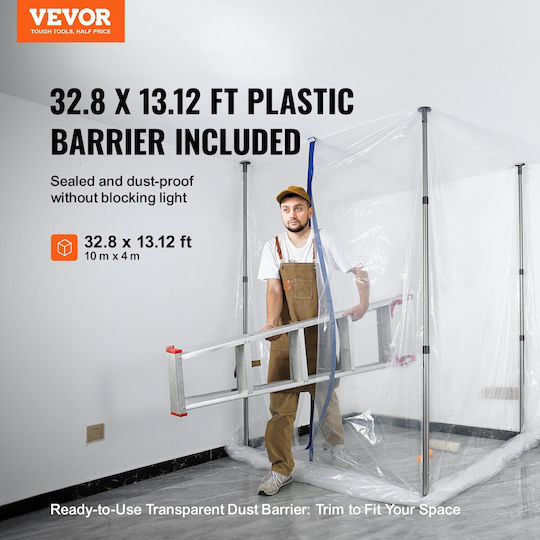 Vevor Dust Barrier Poles 12-Foot Dust Barrier System 4 Telescopic Poles Magnetic Zipper Carrying Bag Plastic Sheeting 32.8x13.12 Feet Interior Decoration Painting