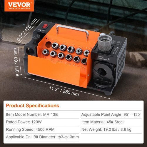 Drill Bit Sharpener Diameter 3-13 Mm Adjustable Point Angle 95° 135° Power 120 W
