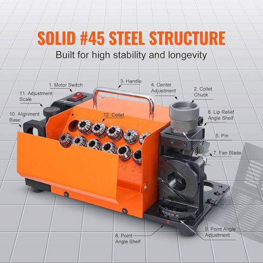 Drill Bit Sharpener Diameter 3-13 Mm Adjustable Point Angle 95° 135° Power 120 W