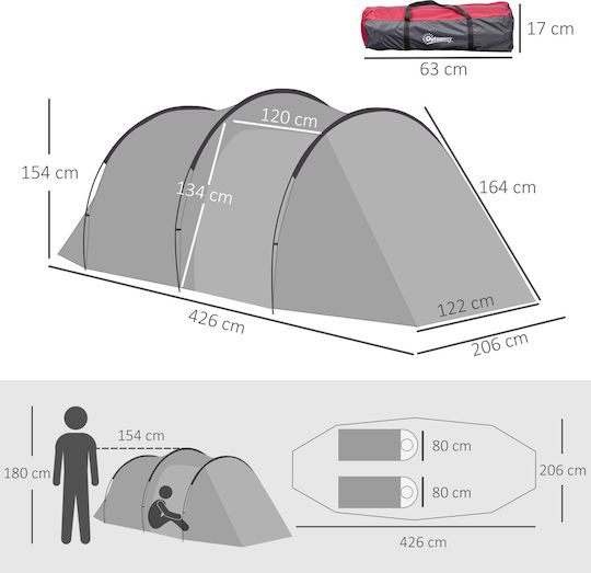 Outsunny Cort De Camping Automat Tunel Gri Pentru 2 Persoane 426x206x154cm