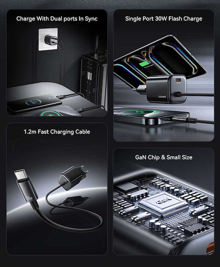 Usams Ladegerät mit integriertem Kabel GaN mit USB-C Anschluss USB-C 30W Schwarzs (CC264)