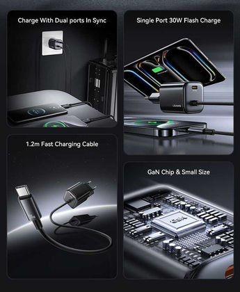 Usams Ladegerät mit integriertem Kabel GaN mit USB-C Anschluss USB-C 30W Schwarzs (CC264)