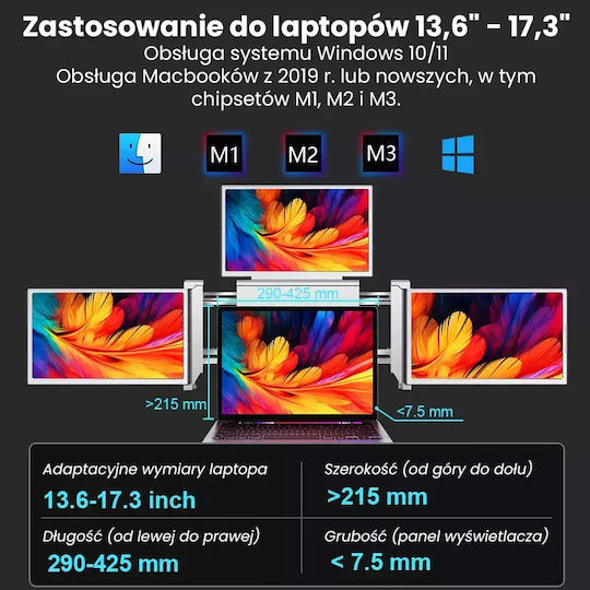 Monitor Extralink Triple Screen S680 14" Full HD IPS Laptop