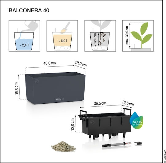 Lechuza Auto-udare Planter Box Plastic Slate 40x19x19cm.