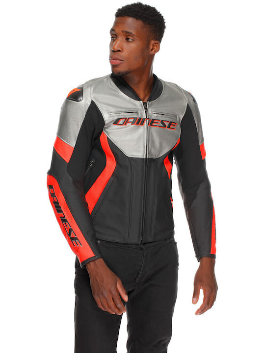 Dainese Racing 5 Мъжко Мотоциклетно яке Кожено Silver / Black / Red-Fluo