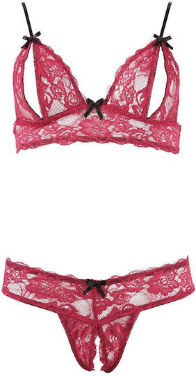 Cottelli Collection Open Cup Bra & Crotchless String Set Sexy Σετ Εσωρούχων με Δαντέλα Red