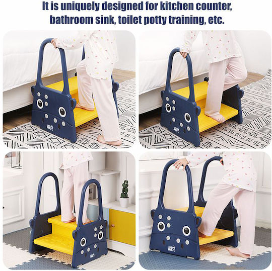 Children's Step Stool Handles Linomag Two Steps Non-slip Surface Toilet Bathroom Kitchen 61x40x46cm Dark Blue Yellow