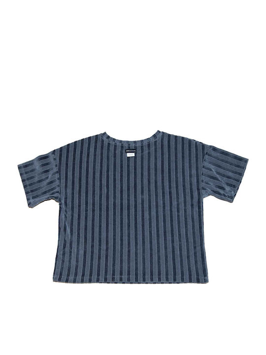 Women's Summer Blouse Cotton Short Sleeve Striped Gray